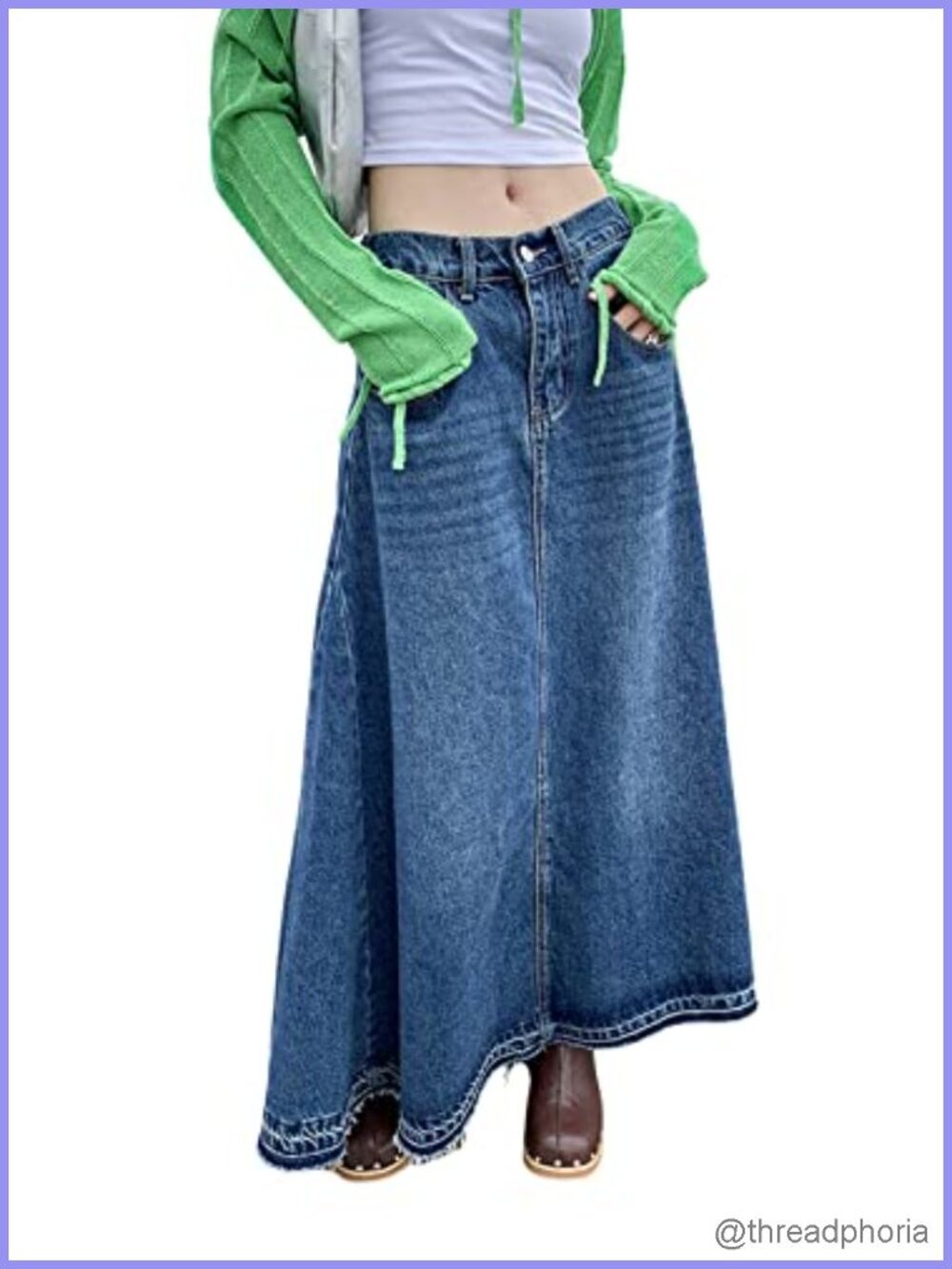 High Waist A-Line Maxi Denim Jean Skirt Raw Hem Stretch